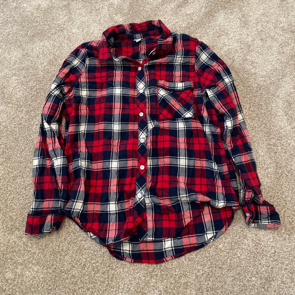 Aerie sleep flannel shirt, red/blue plaid, Small